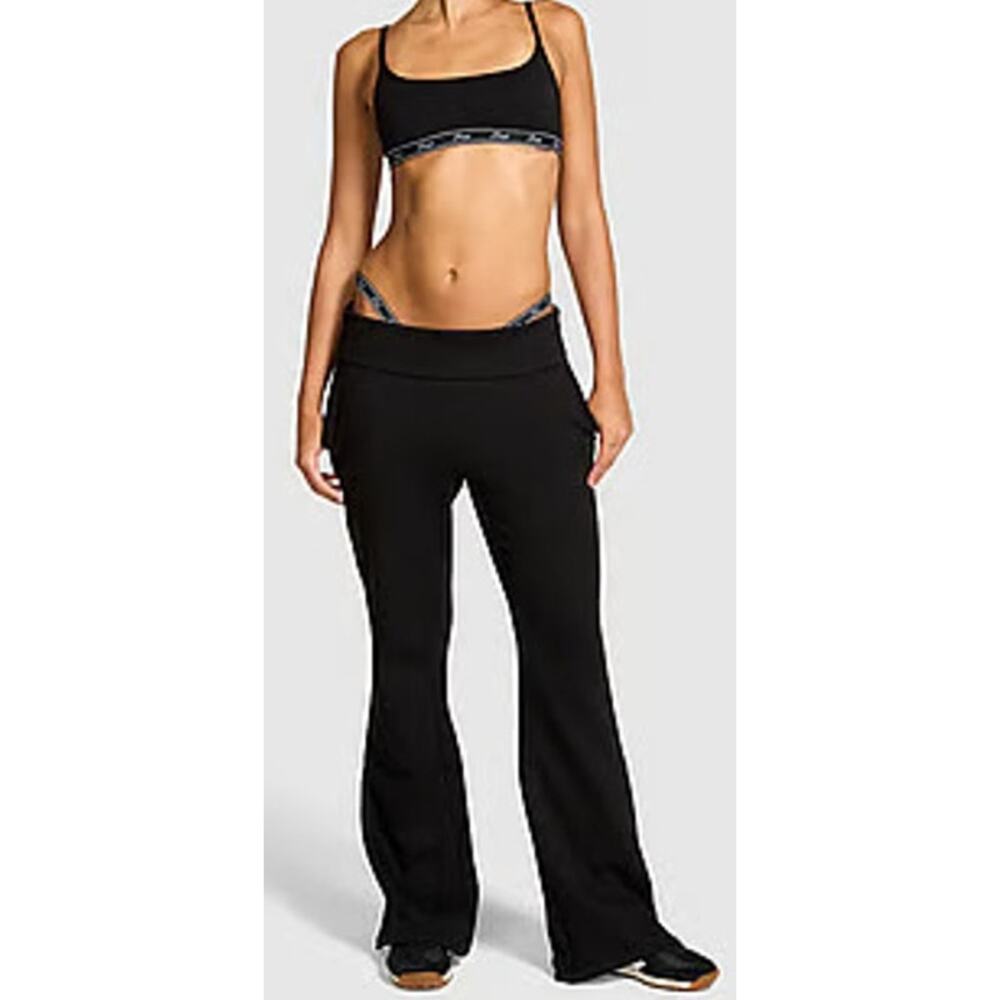 PINK Victoria's Secret Ivy Fleece Foldover Flare Sweatpants Black Size XL Short